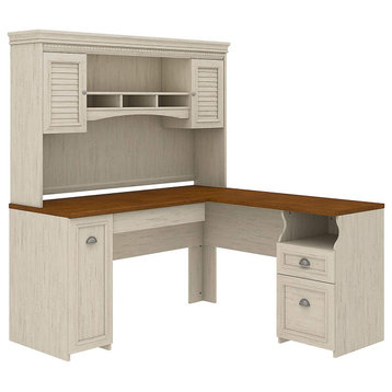 Large L-Shaped Desk, Integrated Hutch With Louvered Cabinet Doors, Antique White