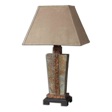 Copper Trimmed Slate Sunnydaze Indoor/Outdoor Weather Resistant Table Lamp 