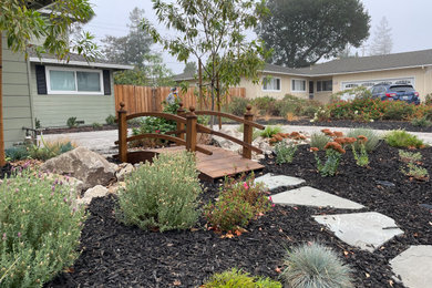Design ideas for a mid-sized rustic drought-tolerant and full sun front yard stone and wood fence landscaping in San Francisco.