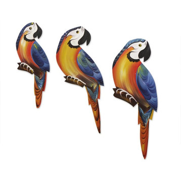 Handmade Macaw Trio  Wood wall adornments (yellow and blue) - Brazil