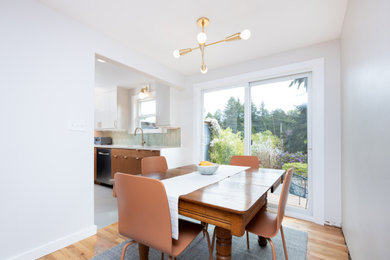 Inspiration for a small 1950s medium tone wood floor and brown floor kitchen/dining room combo remodel in Seattle with white walls and no fireplace