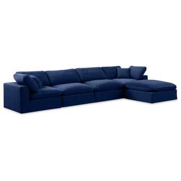 Comfy Upholstered L-Shaped Modular Sectional, Navy, 5-Piece: 2 Armless Chair, 2 Corner Chair, 1 Ottoman, Velvet