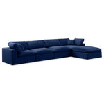 Meridian Furniture - Comfy Upholstered L-Shaped Modular Sectional, Navy, 5-Piece: 2 Armless Chair, 2 Corner Chair, 1 Ottoman, Velvet - Give your space a whole new look with this navy Comfy velvet sectional. This handsome sectional fits nicely with other items in the Comfy collection and is a versatile seating option designed for adaptability, comfort and style. Wrapped in rich navy durable velvet upholstery, this sectional offers a plush embrace of overstuffed down feather cushions, carefully crafted to deliver the highest level of comfort. The perfect seat for creating an oasis for relaxation, this sectional has thick foam surrounding its frame for added support and coziness.