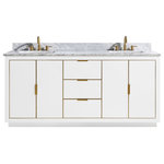 Avanity Corporation - Avanity Austen 72" Vanity in White w/ Gold Trim and Carrara White Marble Top - The Austen 73 in. vanity combo is simple yet stunning. The Austen Collection features a minimalist design that pops with color thanks to the refined White finish with matte gold trim and hardware. The vanity combo features a solid wood birch frame, plywood drawer boxes, dovetail joints, a toe kick for convenience, soft-close glides and hinges, carrara white marble top and dual rectangular undermount sinks. Complete the look with matching mirror, mirror cabinet, and linen tower. A perfect choice for the modern bathroom, Austen feels at home in multiple design settings.