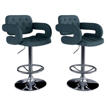 Adjustable Tufted Dark Blue Fabric Barstool With Armrests, Set of 2
