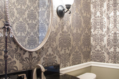 Inspiration for a small timeless 3/4 bathroom remodel in Other with a drop-in sink, furniture-like cabinets, distressed cabinets, quartzite countertops and multicolored walls
