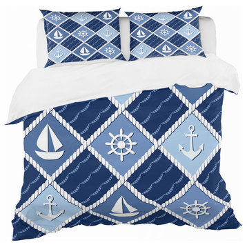 Anchor and Sailboat On Blue Waves Coastal Duvet Cover, Twin