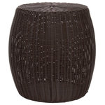 Household Essentials - Handwoven Resin Barrel Side Table - Introduce a bit of rustic flair to your home with this multipurpose basket side table. Its durability and chic appearance lend itself to a variety of potential uses around the contemporary home. While its main purpose is to be an elegant side table, it could also be used as a low stool or even a planter with the addition of a plastic liner. This basket side table has the right amount of bohemian inspiration and chic contemporary style that is perfect for use in the living room, bedroom or office. The dark brown basket has a tightly handwoven exterior made of resin woven. A strong metal frame provides excellent support and stability. These high-quality and resilient materials make this side table ready for both outdoor and indoor use. This greater durability is also great for households with excitable pets! Due to its handmade qualities, size and color may vary slightly from one product to the next. This makes each basket table unique in its own way. The narrow, barrel profile fits snuggly next to seating and is just the right height for comfort. It is also super easy to clean with a damp cloth or hosed down outside. This basket side table is an excellent way to add a hint of functional bohemian decor to your home. The versatility of this piece is great for those who love transitional pieces that can be moved around and repurposed now and again.