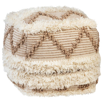 Tridevi Handwoven Wool Upholstered Pouf, Ivory/Natural Brown