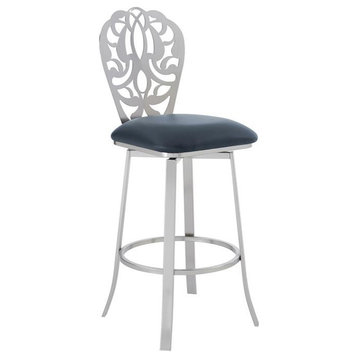Armen Living Cherie 30" Faux Leather & Metal Bar Stool in Stainless Steel/Gray