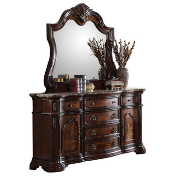 Barney's Traditional Walnut Dresser and Mirror With Marble, 2-Piece Set