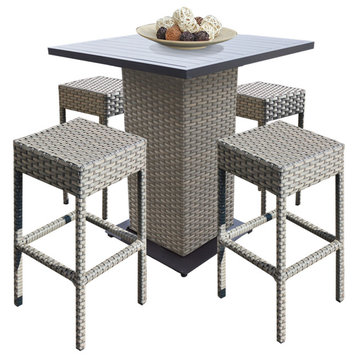 Pub Table Set,Backless Barstools 5 Piece Wicker Patio Furniture Grey Stone