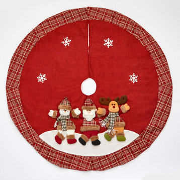 48" Christmas Embroidered Tree Skirt With Moose, Santa And Snowman