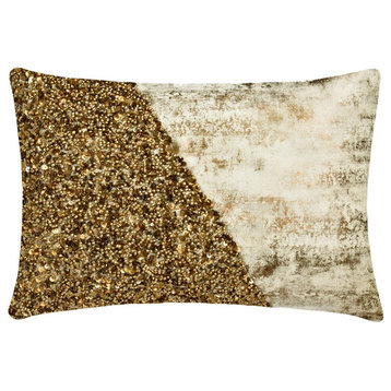 Gold Silk Beaded, Sequins & Pearls 12"x24" Lumbar Pillow Cover - Elisium
