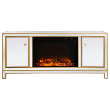 Reflexion 60" Mirrored Tv Stand With Wood Fireplace, Gold