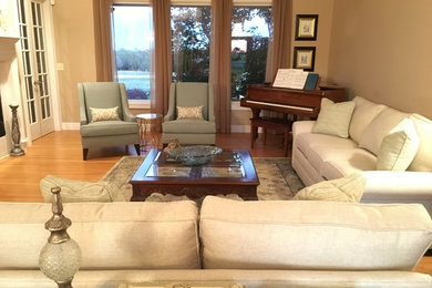 Living room - mid-sized transitional open concept living room idea in Wichita with a standard fireplace and a tile fireplace