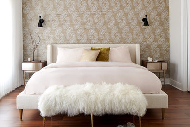 Large contemporary master bedroom in Philadelphia with beige walls, no fireplace, brown floor and dark hardwood floors.