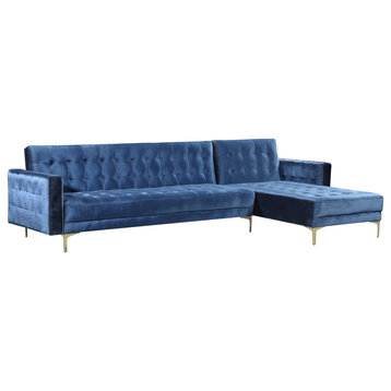 Right Facing Sectional Sleeper Sofa, Golden Legs With Tufted Velvet Seat, Navy