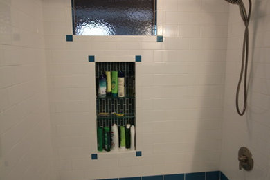 Inspiration for a small coastal kids' white tile and porcelain tile porcelain tile bathroom remodel in Boston with an undermount sink, shaker cabinets, white cabinets, quartz countertops, a one-piece toilet and blue walls