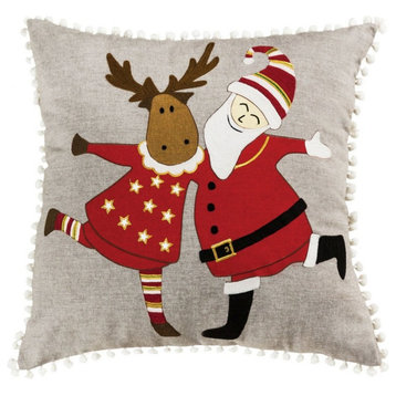 Santa and Reindeer Holiday Throw Pillow Cover in Grey and Red Colors White