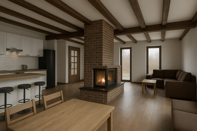 Großes, Repräsentatives, Offenes Country Wohnzimmer mit weißer Wandfarbe, braunem Holzboden, Kamin, Kaminumrandung aus Backstein, Multimediawand, braunem Boden, freigelegten Dachbalken und Ziegelwänden in Berlin
