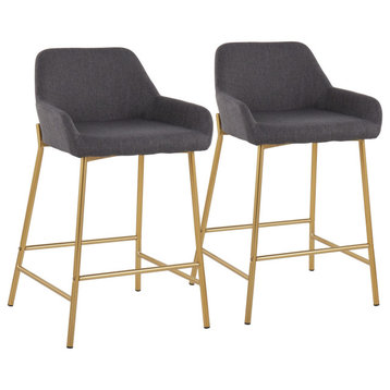 Daniella Fixed-Height Counter Stool, Set of 2, Gold Metal, Charcoal Fabric