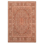 Bareens Designer Rugs - Antique Vegetable Dyed Tajdar Raguel Brown Wool Rug - 7'11'' x 9'8'' - Designed with mesmerizing intricacy and gorgeous color palette, this hand-knotted masterpiece demonstrates the beauty and electrifying thrill of Pak Persian art. These meticulously hand-knotted Pak-Persian rug is made with pure wool and features breathtaking traditional, transitional, and tribal designs in bold luxurious color pallets. Known for their intricate designs these rugs are a reproduction of Persian rugs, made in Pakistan with unique Mughal designs. Made by master weavers using the same Persian texture, design and dying technique, we wanted to produce the most significant manifestation of Persian art, life, and culture. This rug is most famous for its exceptional quality, incredible designs, patterns, and vibrant rich color. Pak-Persian rugs made with Persian weave with high knot counts, which enables the high intricacy and detail found in the patterns are also referred to as "State of art", each color adds a rich beautiful detail in the artwork of this rug. The design, color, and beautiful chromatic composition with a vibrant sheen with intricate designs, exude beauty, elegance, and quality make this rug a masterpiece of its own.