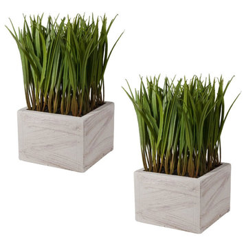 Set Of 2 Faux Square Potted Blade Grass 4.5x8.5" Green