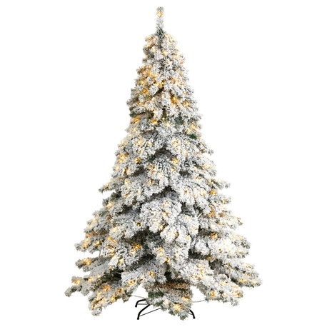 7' Flocked Austria Fir Artificial Christmas Tree With 400 Warm White LED Lights