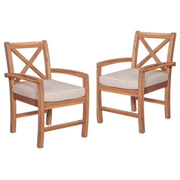 Acacia Wood X-Back Patio Chairs with Cushions in Brown - Set of 2