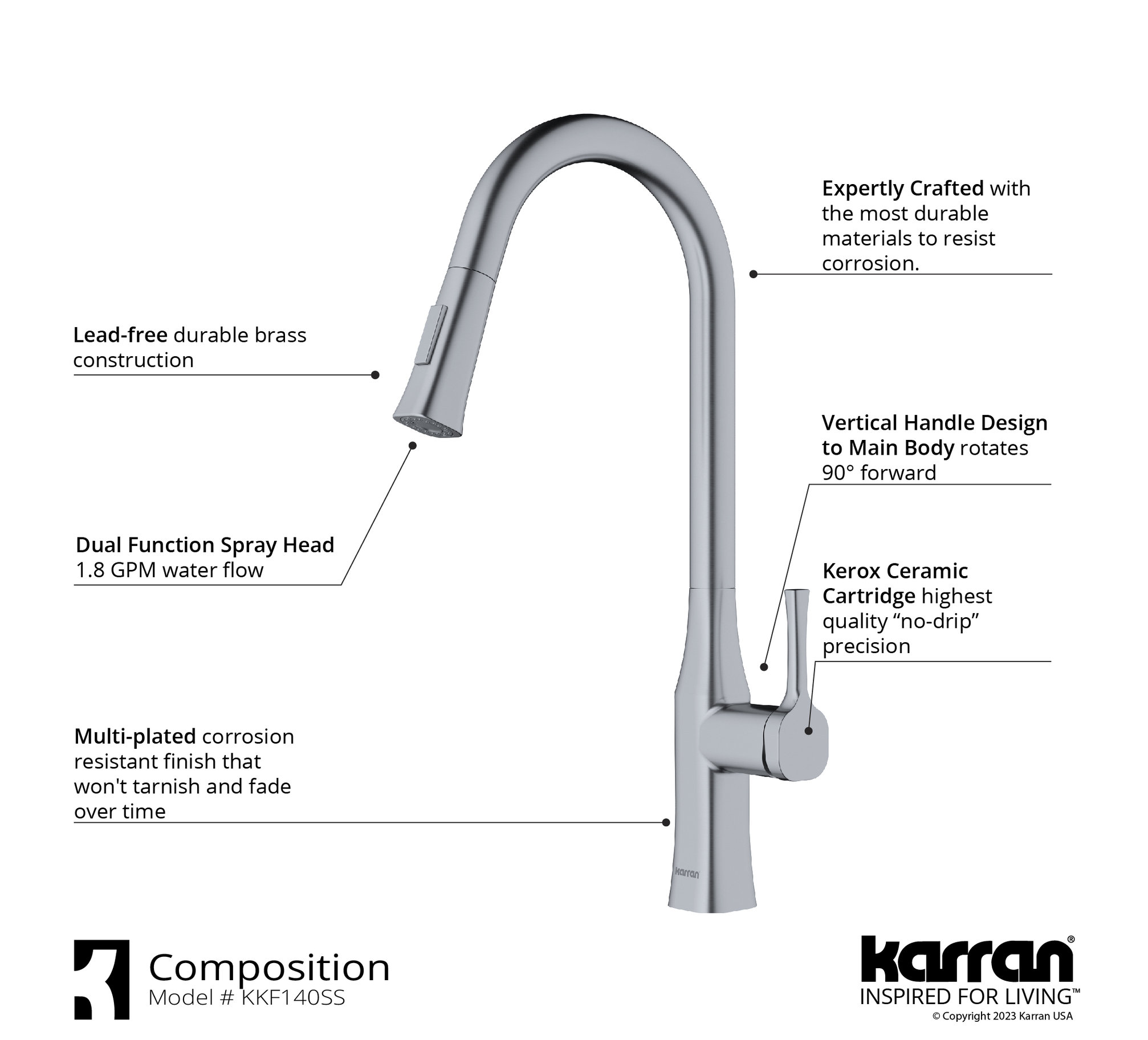 Karran KKF140 1-Handle Pull-Down Sprayer Kitchen Faucet, Stainless Steel
