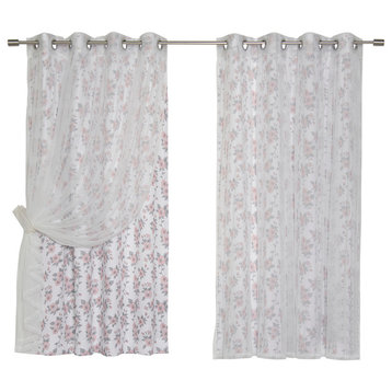 Tulle and Hibiscus Blossom Mix and Match Curtains, White, 52"x63"