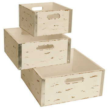 Different Sized Blue Wooden Crates, Set of 3, White