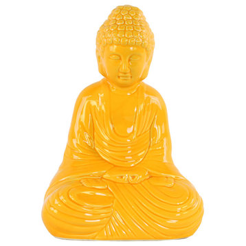 Ceramic Meditating Buddha Sculpture With Rounded Shisha, Yellow