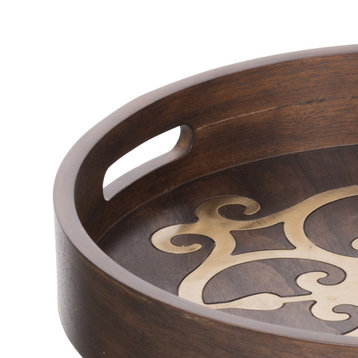 Benzara BM286369 Round Decorative Tray, Brass Inlaid Design/Brown Wood Frame