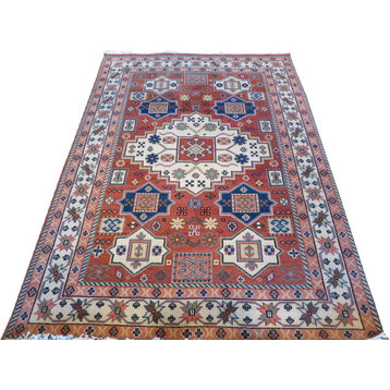 Hand-Knotted Brick Red Kazak Vegetable Dyes Oriental Rug, 5'6x7'8