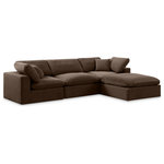 Meridian Furniture - Comfy Upholstered L-Shaped Modular Sectional, Brown, 4-Piece: 1 Armless Chair, 2 Corner Chair, 1 Ottoman, Velvet - Give your space a whole new look with this brown Comfy velvet sectional. This handsome sectional fits nicely with other items in the Comfy collection and is a versatile seating option designed for adaptability, comfort and style. Wrapped in rich brown durable velvet upholstery, this sectional offers a plush embrace of overstuffed down feather cushions, carefully crafted to deliver the highest level of comfort. The perfect seat for creating an oasis for relaxation, this sectional has thick foam surrounding its frame for added support and coziness.