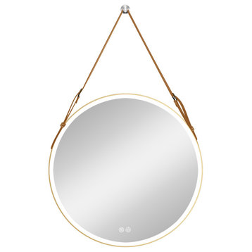 Round Framed Anti-Fog Dimmable Rope Hanging LED Bathroom Vanity Mirror, Godl, 24"24"