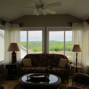 Rodpocket Draperies on Short Wood Poles for Corner Windows, Reupholstered Cushio