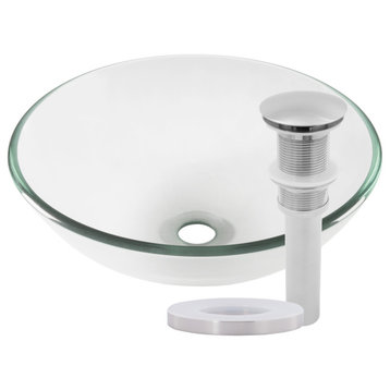 Bonificare Clear Round Tempered Glass Vessel Bathroom Sink and Drain, Brushed Nickel