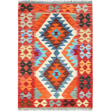 Orange Geometric Design Afghan Kilim Reversible Wool Hand Woven Rug, 2'1" x 3'1"