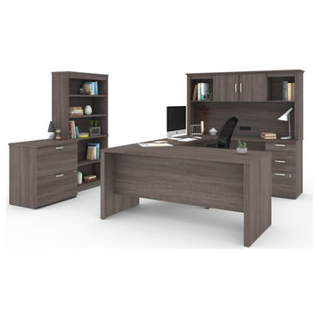 Pemberly Row 66" U-Shaped Desk with Hutch File and Bookcase in Bark Gray