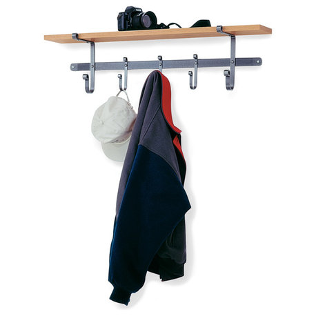 Handcrafted 36" Coat Rack with Solid Hard Wood Shelf & 5 Hooks Hammered Steel