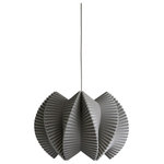 Ciara O'Neill - Vault Pendant Light, Grey - Give an edgy and contemporary look to your living space with the Vault Pendant Light. It is inspired by the elegant ceiling supports found in church architecture. The material of this grey pendant lamp is pushed to its limits to create a dynamic sculptural form. When lit, its complex structure is further revealed as light filters through the ribbed elements with varying degrees of intensity. Using bespoke components and artisan production techniques, this pendant light is skillfully handcrafted from fluted polypropylene. It is produced in Ciara O'Neill's East London studio. Please note the long lead time is due to the fact that this product is handcrafted and made to order. This allows us to ensure that you receive a high-quality, personalised product.