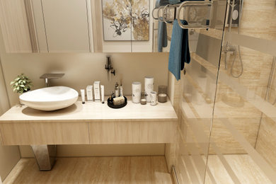 Small modern bathroom in Denver with light wood cabinets, an alcove shower, a one-piece toilet, beige walls, a trough sink, a sliding door, brown worktops, a single sink, a floating vanity unit, beige tiles, travertine tiles, travertine flooring and beige floors.