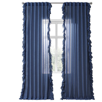 Blue Lapis Faux Linen Ruffle Sheer Curtain Single Panel, 50W x 96L