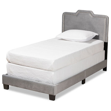 Cassy Modern Contemporary Glam Velvet Upholstered Panel Bed, Gray, Twin