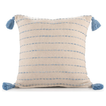20" X 20" Denim Blue And Ivory 100% Cotton Striped Zippered Pillow