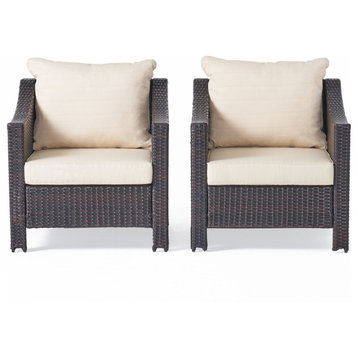 GDF Studio Cortez Outdoor Wicker Club Chair, Water Resistant Cushions, Set of 2, Multibrown/Beige