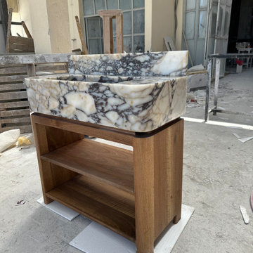 Custom Calacatta Viola Marble Sink with Walnut Vanity